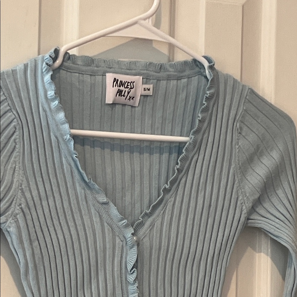Princess Polly Light Blue Ribbed Ruffle Trim Cardigan - Picture 7 of 9